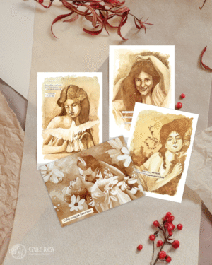 Zestaw 4 kartek okolicznościowych: Wolność, Marzenia, Szczęście, Miłość.